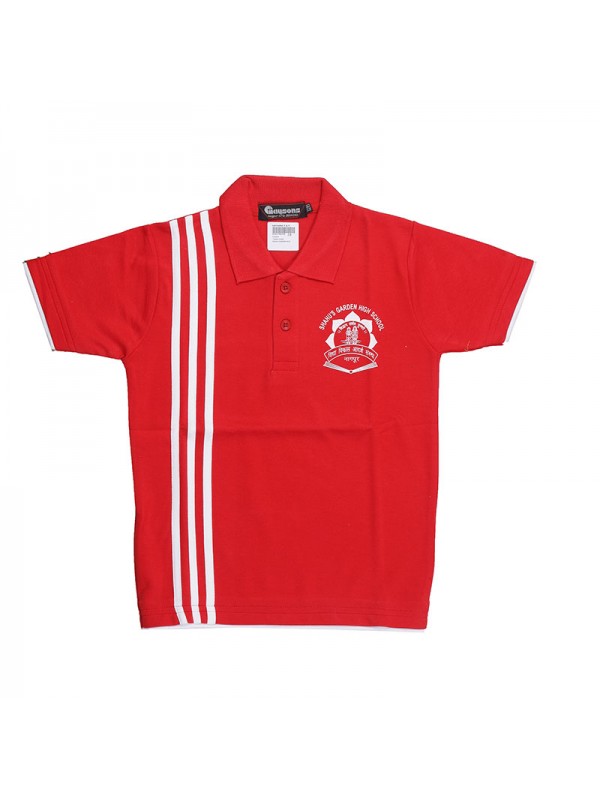 Red Coloured T-Shirt with 3 White Stripe with School Monogram 