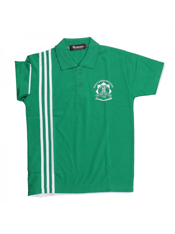 Green Coloured T-Shirt with 3 White Stripes with School Monogram 