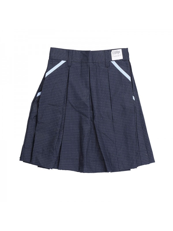 Navy Blue Checks Box Pleated Skirt with Pocket Sky Blue Piping