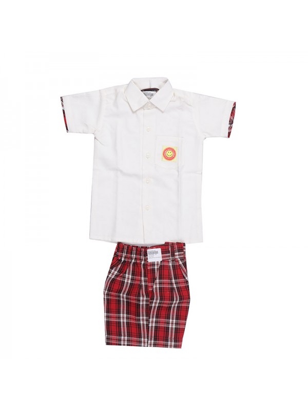 Cream Spun Shirt with Checks Piping on Sleeves with School Monogram 